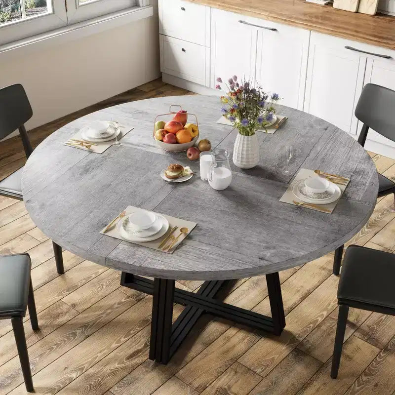 Runder Esstisch für 4-6 Personen, 47 Küchen-Esstisch mit Ablagefach, Holztisch mit Metallgestell für Zuhause und Wohnzimmer, ohne Stühle