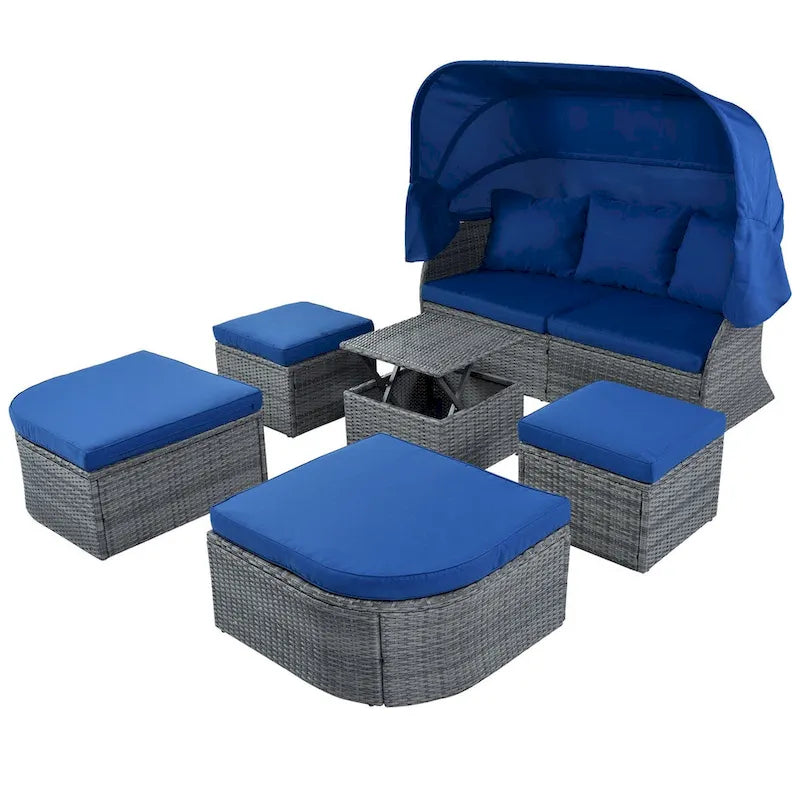 Graues Outdoor-Tagesbett aus Korbgeflecht mit Polstern und ausziehbarem Sonnendach