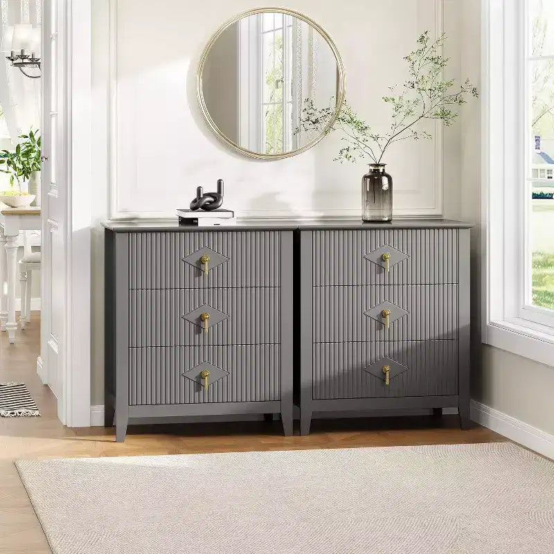 2 Stück geriffelte Holz-Nachttische, 27,5 breit, 3-Schubladen-Kommoden-Set, moderne Beistelltische, Schubladenschrank für Schlafzimmer und Wohnzimmer