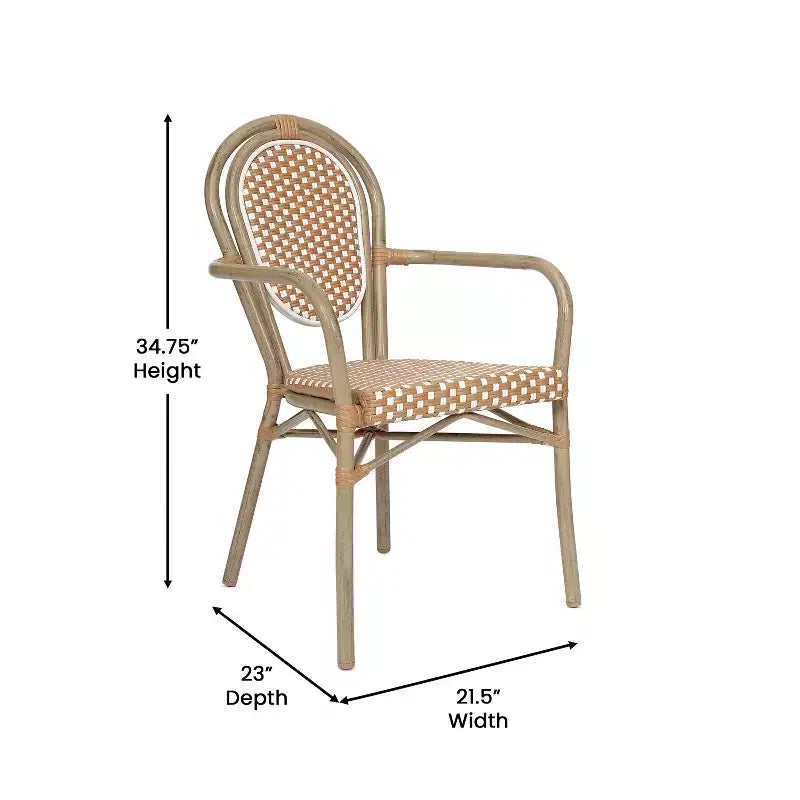 Flash Furniture 4er-Set Lourdes Indoor/Outdoor Gastro-Bistro-Stapelstuhl mit Armlehnen im Thonet-Stil, PE-Rattan und Aluminiumgestell