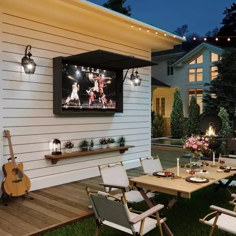 55-Zoll-Outdoor-TV-Gehäuse, wetterfeste TV-Abdeckung aus Massivholz mit 4D-verstellbarer Halterung & hochklappbarer Tür (passend für 44-55-Zoll-Fernseher)