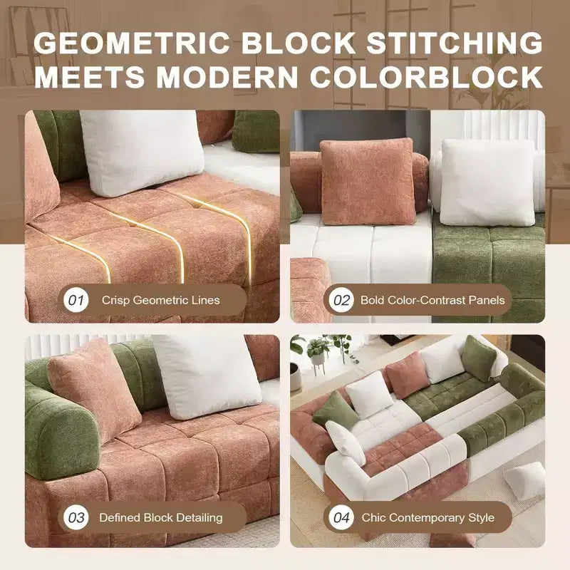 280 cm breites, modulares 4-Sitzer-Sofa aus Chenille im Colorblock-Design mit geschwungenen Armlehnen