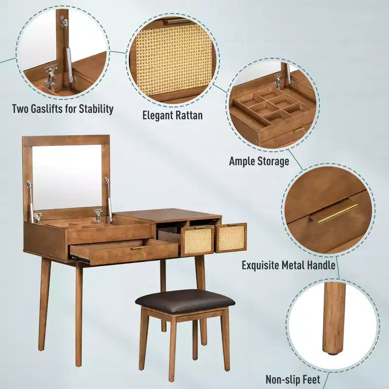 GDFStudio Vita Classic Schminktisch-Set aus Holz mit aufklappbarer Tischplatte, verstecktem Spiegel, 3 Schubladen und gepolstertem Hocker
