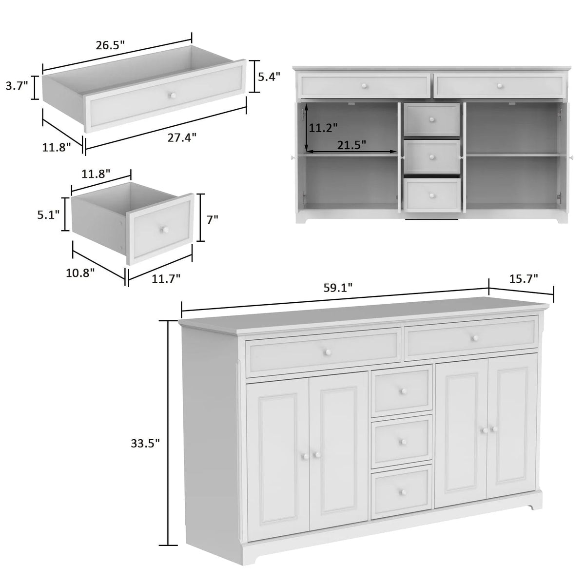 59,1 Sideboard Buffet Weiß Mid-Century Modern Contemporary Lackiert