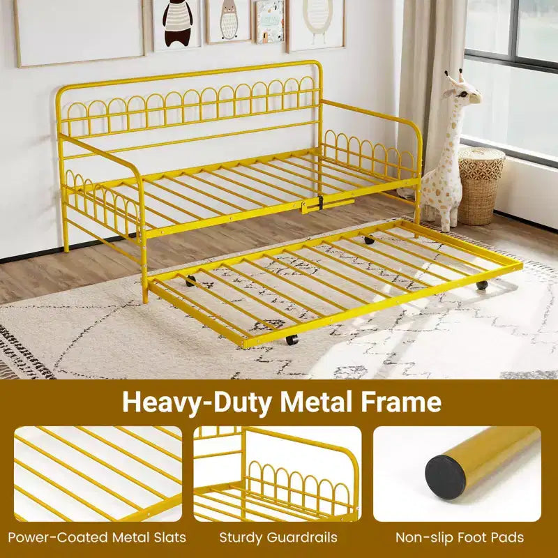 Costway Tagesbett mit Ausziehbett, geschwungener Rückenlehne & Armlehnen, strapazierfähige Metalllatten, Schwarz/Gold