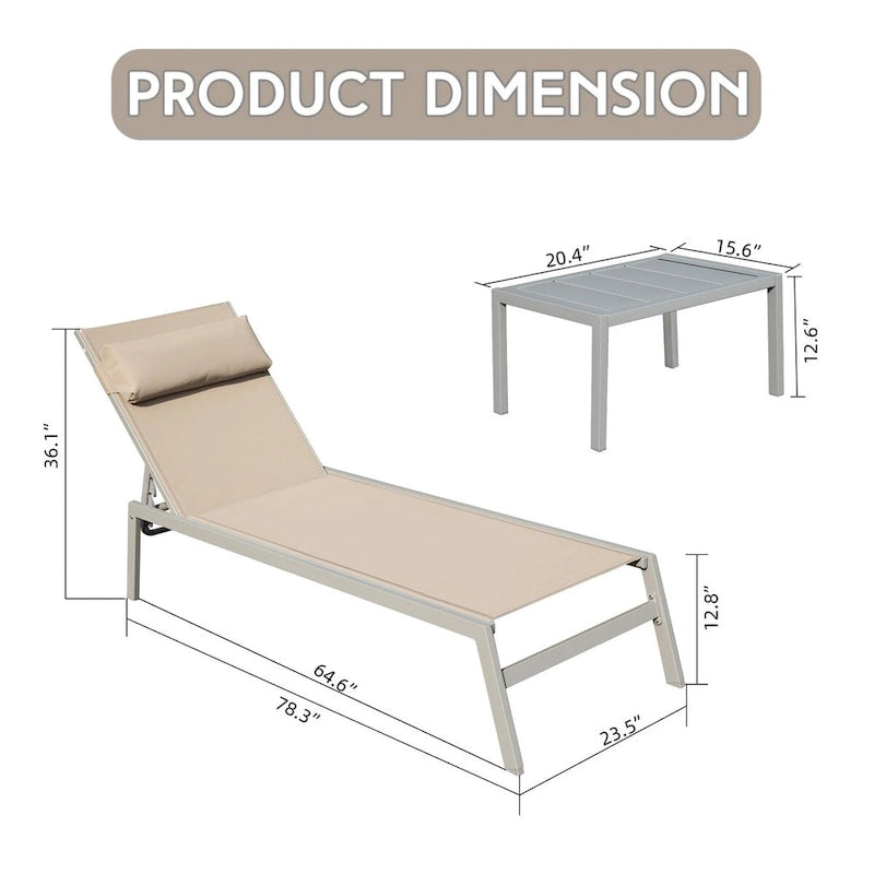 3-teiliges Terrassen-Liegen-Set, Aluminium-Poolliegen mit Beistelltisch, verstellbare wetterfeste Outdoor-Liegestühle