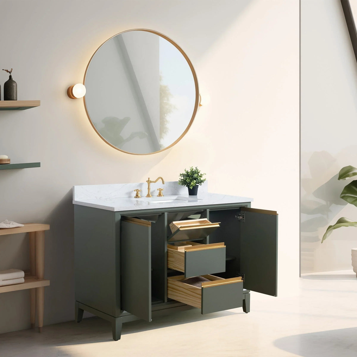 Vanity Art Badezimmerschrank mit Keramikwaschbecken und Platte aus technischem Marmor