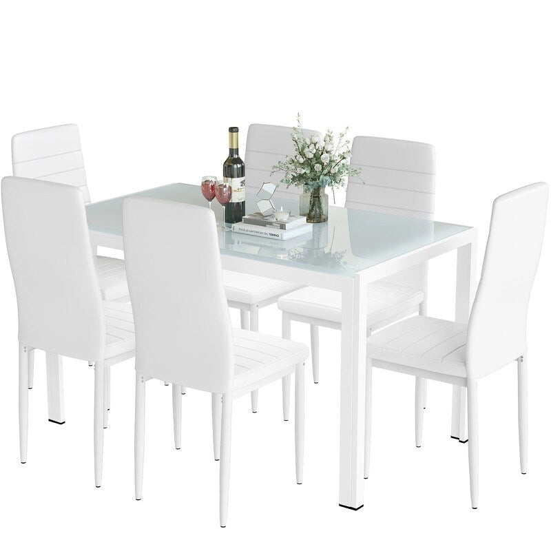 Grondin 7-teiliges Esszimmer-Set im modernen Stil mit Tischplatte aus gehärtetem Glas und 6 Stühlen mit PU-Lederpolsterung