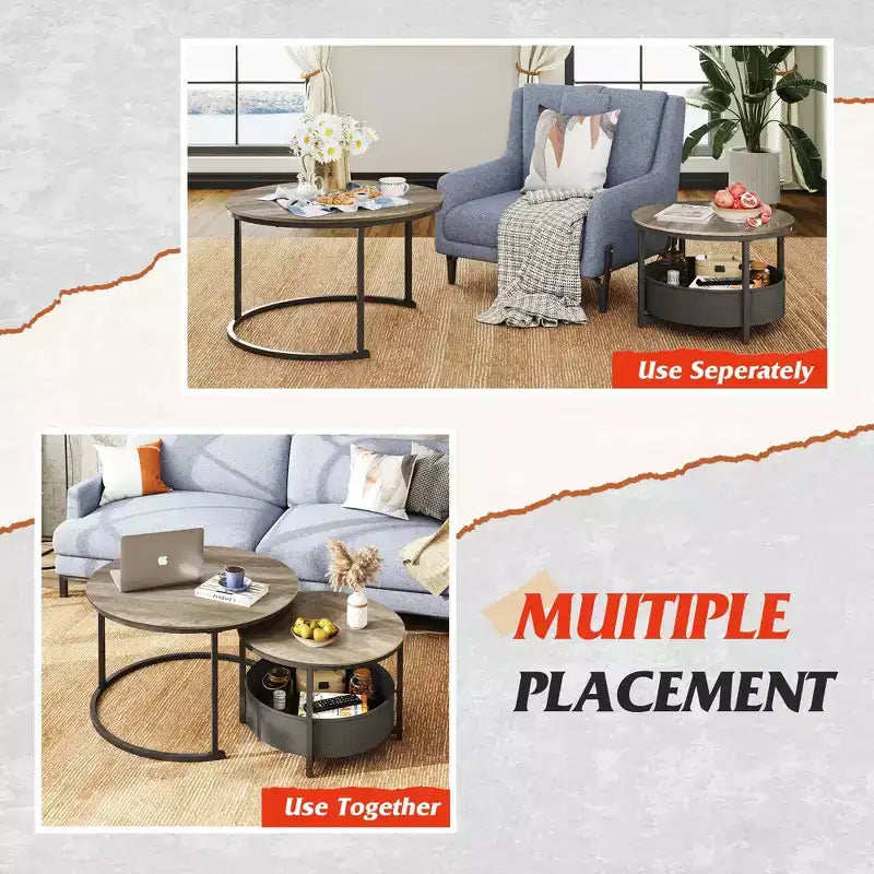 GALAXHERO 2er-Set verschachtelbare runde Couchtische – 31,5-cm-Beistelltische mit Ablagefach und Metallgestell für Wohnzimmer/Wohnung