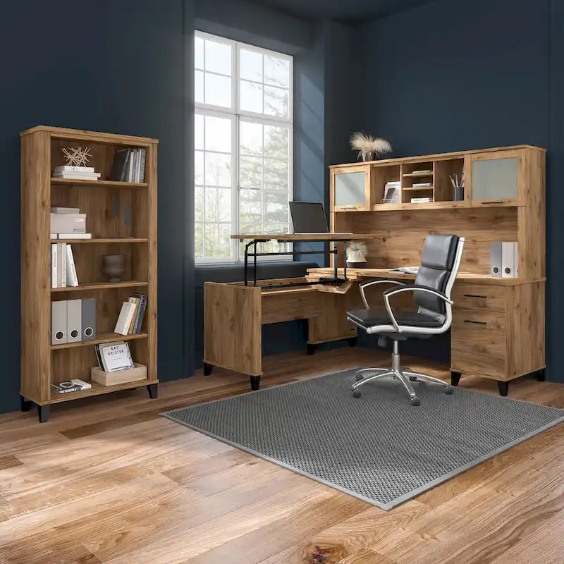 Bush Furniture Somerset 60 Zoll breiter L-förmiger Schreibtisch mit Aufsatzregal und Stauraum