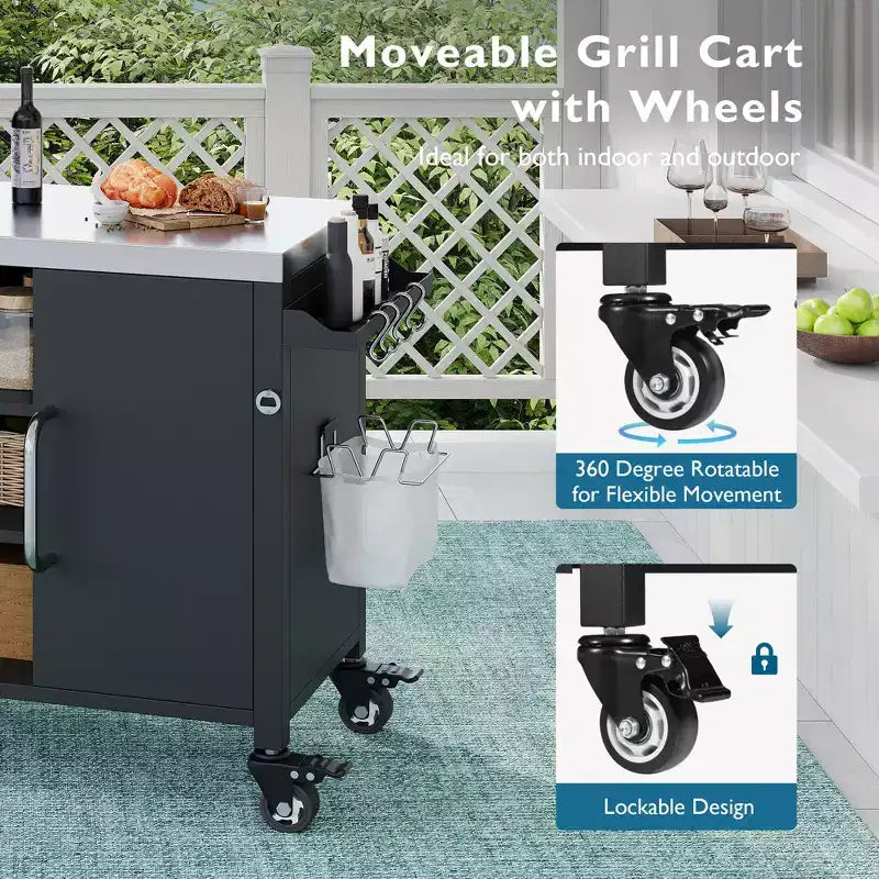 55,5 Zoll Outdoor-Kücheninsel mit Spüle, Edelstahl-Vorbereitungstisch mit Gewürzregal und feststellbaren Rollen, Grillwagenstation, Schwarz – ModernLuxe