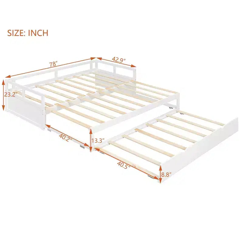 Okak Twin Size ausziehbares Design-Tagesbett mit Bettkasten/Schubladen & Sicherheitsgitter, Massivholz-Plattformbettgestell für Teenager, Erwachsene