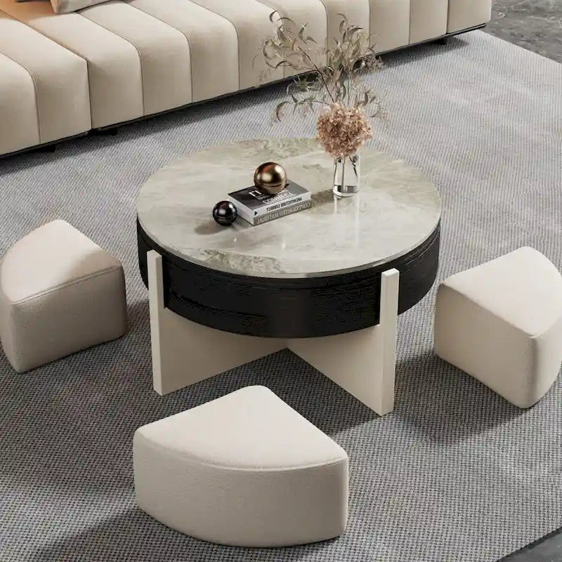 31,5 Zoll moderner Couchtisch, Couchtisch mit höhenverstellbarer Tischplatte und 3 Hockern, Schwarz – 31,5 × 31,5 Zoll