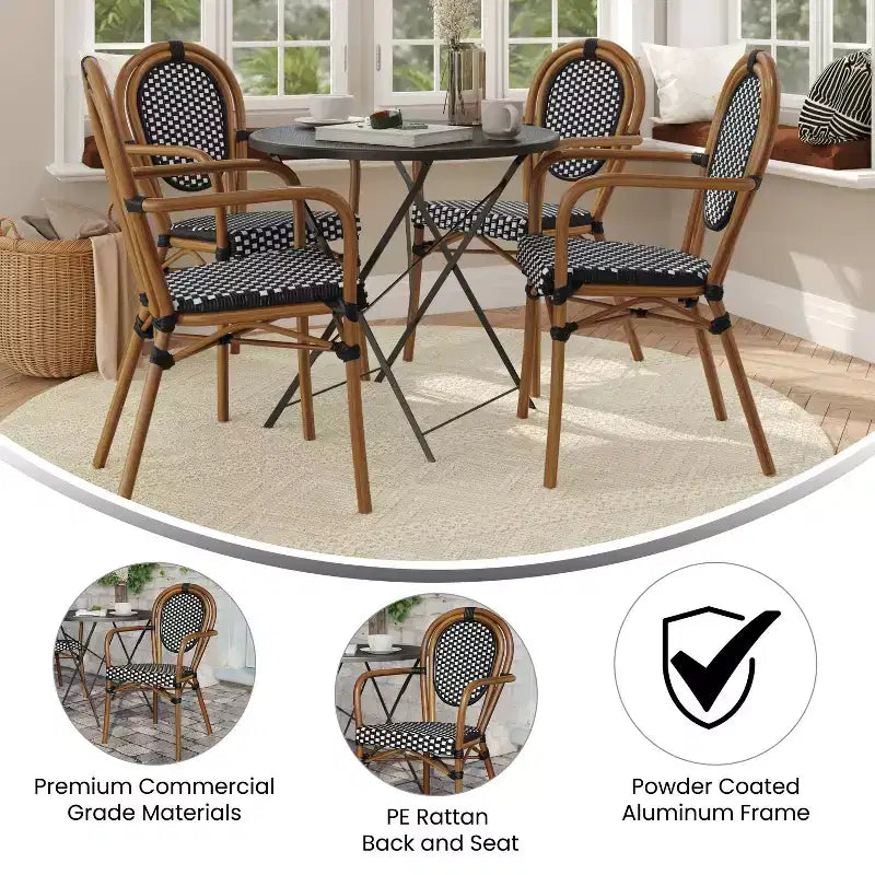 Flash Furniture 4er-Set Lourdes Indoor/Outdoor Gastro-Bistro-Stapelstuhl mit Armlehnen im Thonet-Stil, PE-Rattan und Aluminiumgestell
