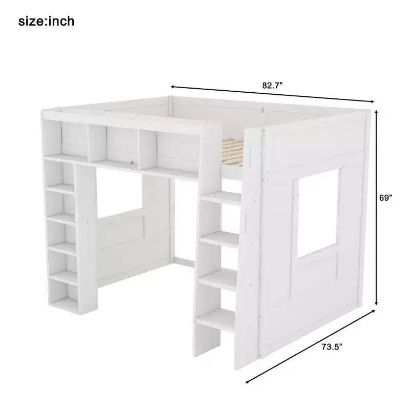 Whisen Queen-Size-Hochbettgestell aus Holz mit Aufbewahrungsschränken und Regalen