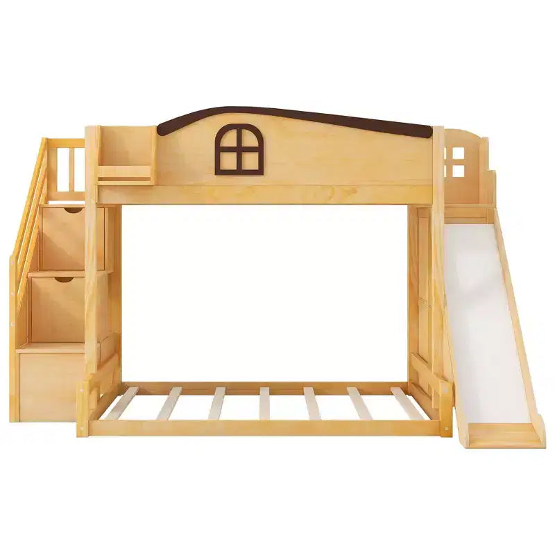 Etagenbett (90x200 cm oben / 140x200 cm unten) mit Rutsche, Regalen, Treppe mit Stauraum und Kleiderschrank für das Kinderzimmer