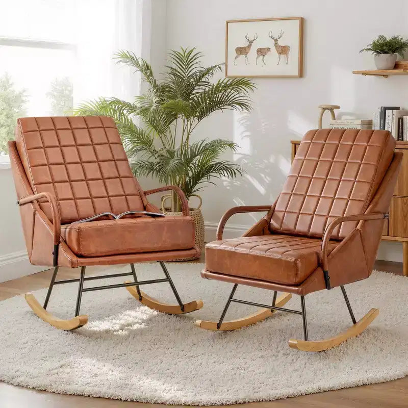 VECELO Polster-Schaukelstuhl aus Kunstleder/Teddy-Stoff, moderner Lounge-Schaukelsessel mit verstellbarer Rückenlehne, gepolsterter Sitzfläche und sicherem Gestell aus Massivholz, Weiß/Braun