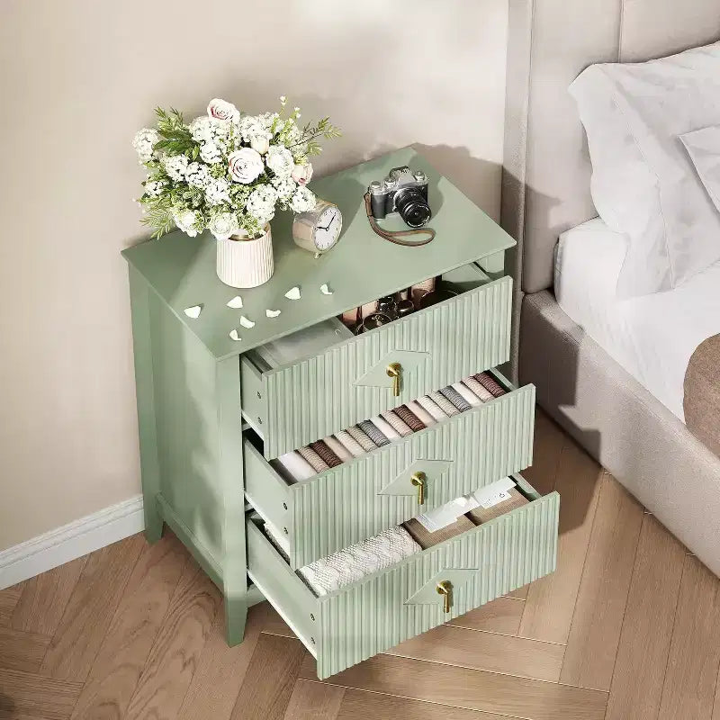 2 Stück geriffelte Holz-Nachttische, 27,5 breit, 3-Schubladen-Kommoden-Set, moderne Beistelltische, Schubladenschrank für Schlafzimmer und Wohnzimmer