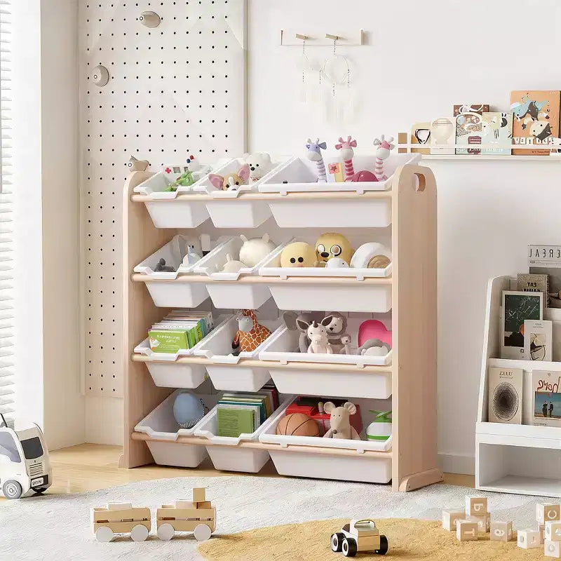 VECELO Kinder-Bücherregal mit Spielzeugaufbewahrung und 12 Körben, Spielzeugregal aus Holz für Kleinkinder, geräumige Spielzimmeraufbewahrung für Bücher oder Spielzeug