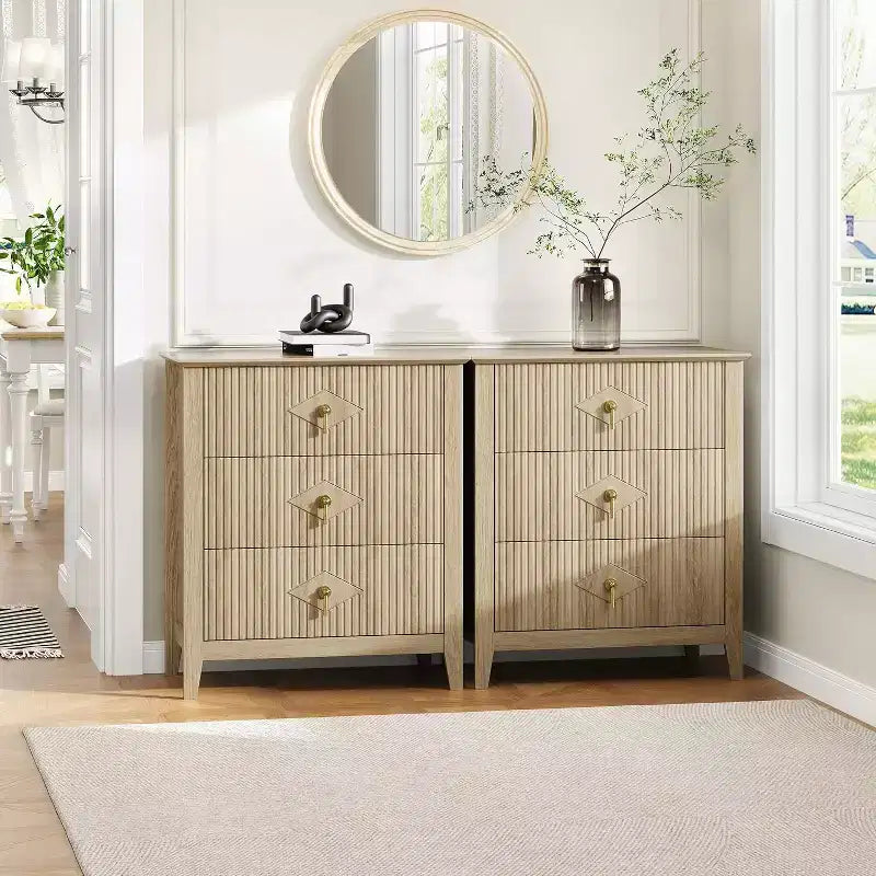 2 Stück geriffelte Holz-Nachttische, 27,5 breit, 3-Schubladen-Kommoden-Set, moderne Beistelltische, Schubladenschrank für Schlafzimmer und Wohnzimmer