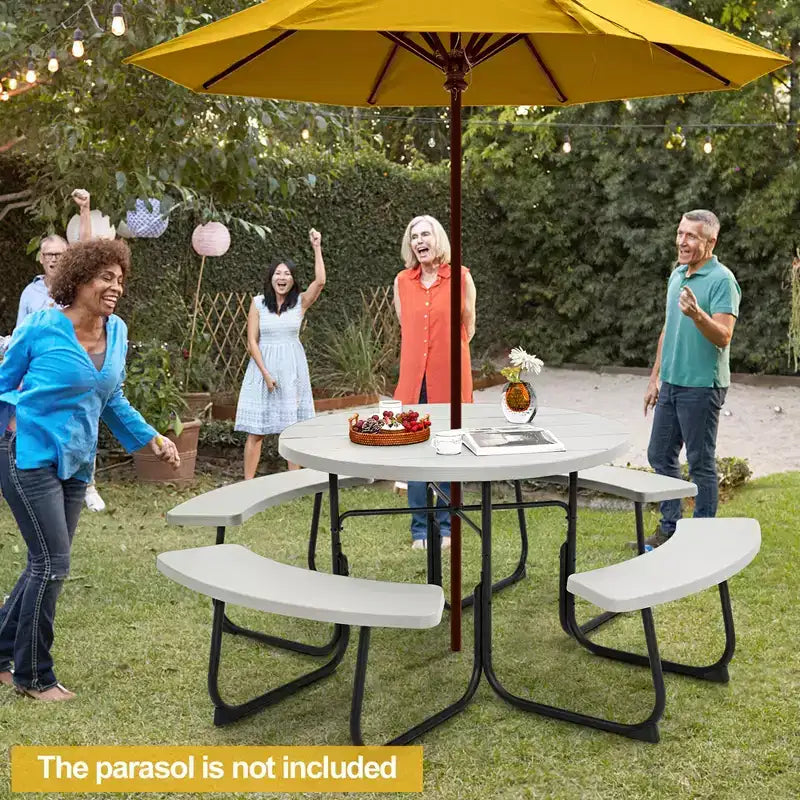 Costway Outdoor 8-Personen-Rund-Picknicktisch-Bank-Set mit 4 Bänken & Sonnenschirmloch Schwarz/Grau/Grün/Weiß