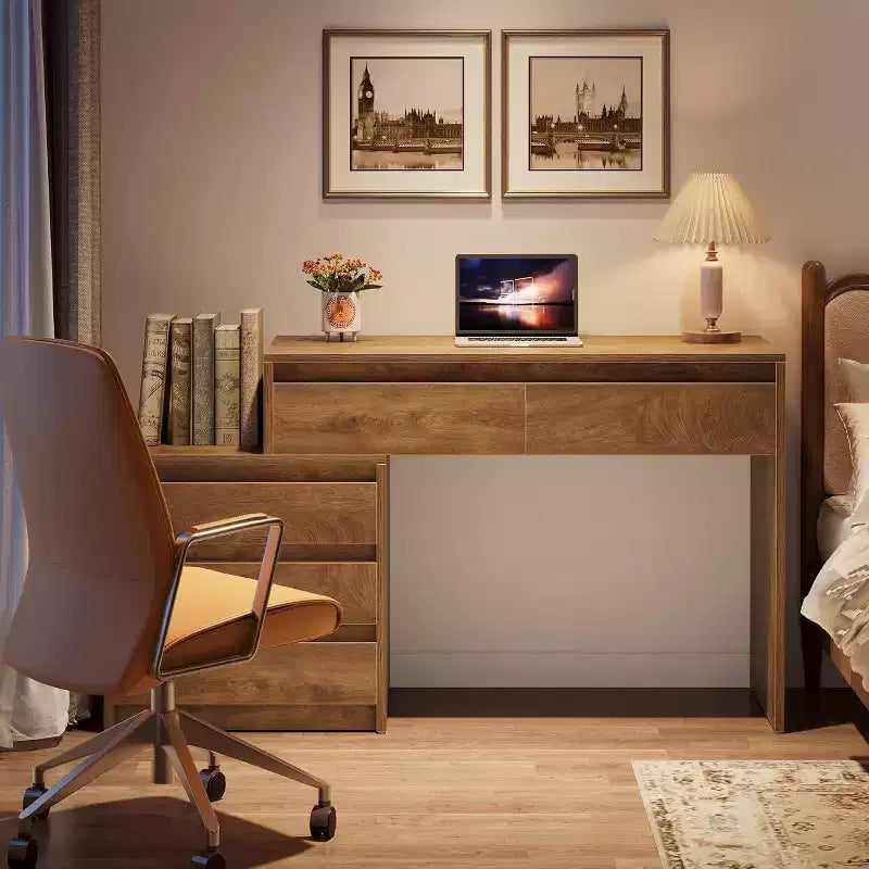 Lantine Computertisch mit 5 Schubladen, Holz-Cheftisch mit Aktenschrank und Druckerablage für Homeoffice und kleine Räume