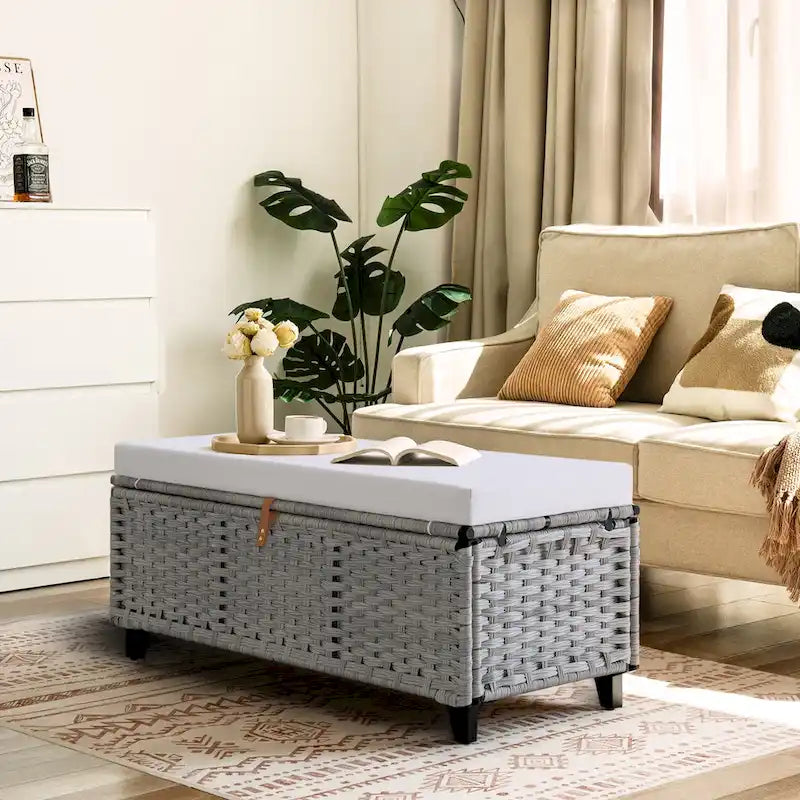 Weiden-Sitzbank mit Kissen für Schlafzimmer, Wohnzimmer, Veranda – 47 cm H x 110 cm B x 47 cm T