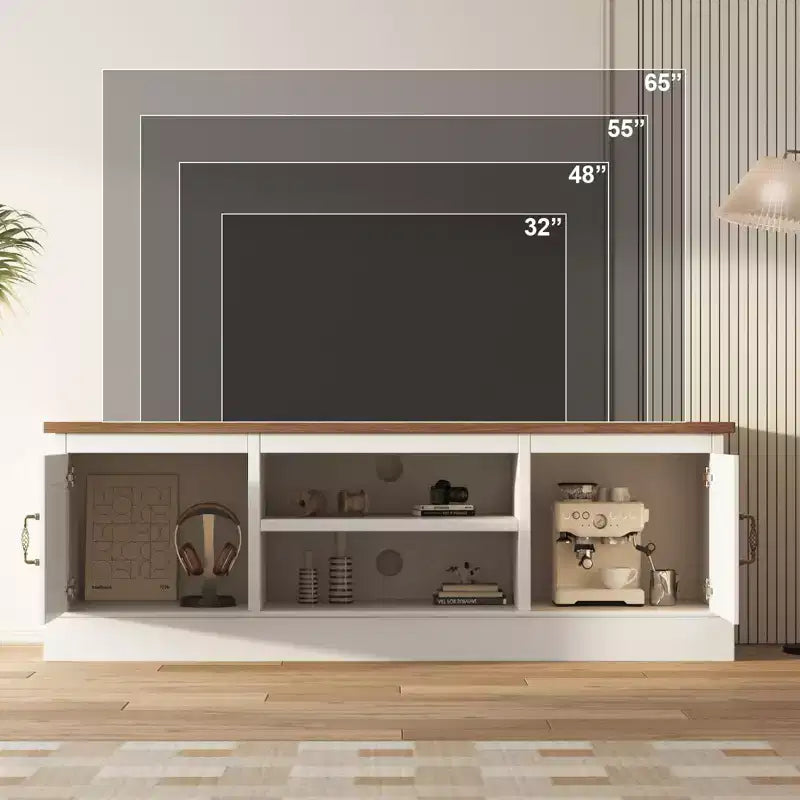 Moderner TV-Schrank für 65-Zoll-Fernseher, rustikales Entertainment-Center aus Holz mit geräumigen Aufbewahrungsschränken, Medienkonsole für Wohnzimmer und Büro