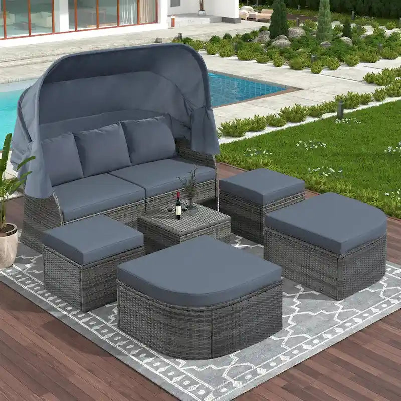 Graues Outdoor-Tagesbett aus Korbgeflecht mit Polstern und ausziehbarem Sonnendach