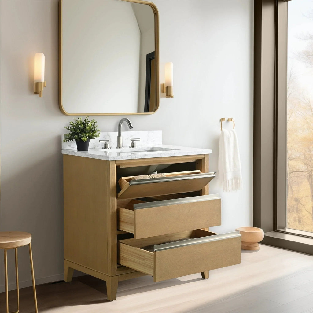 Vanity Art Badezimmerschrank mit Keramikwaschbecken und Platte aus technischem Marmor