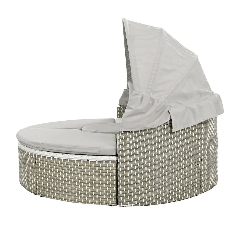 Rundes Outdoor-Tagesbett, zweifarbiges Flecht-Sonnenbett mit versenkbarem Dach