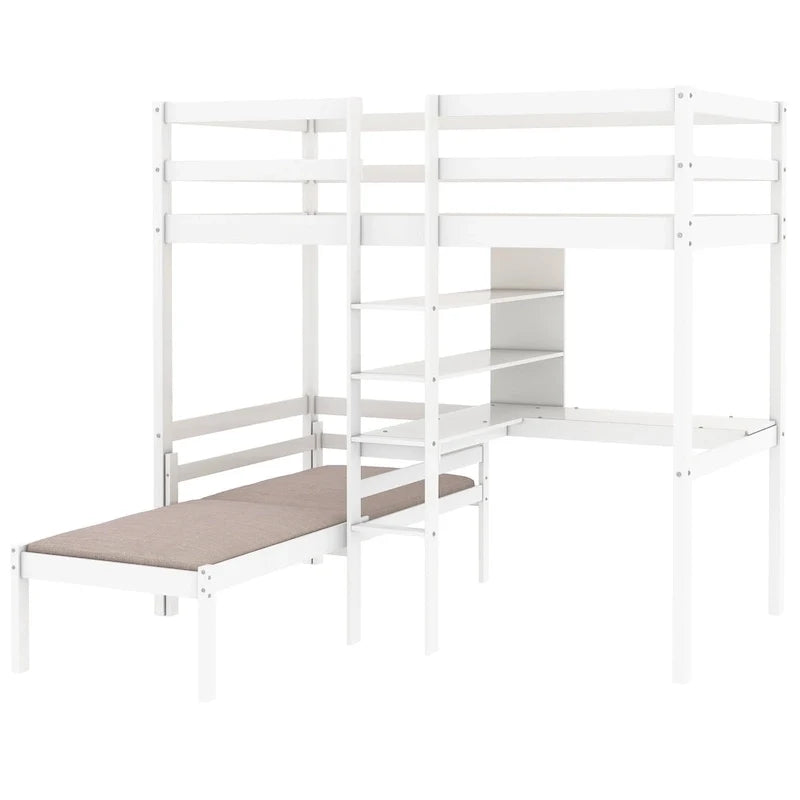 Umbaubares Hochbett mit L-förmigem Schreibtisch, Etagenbett (Twin) mit Regalen und Leiter, Weiß