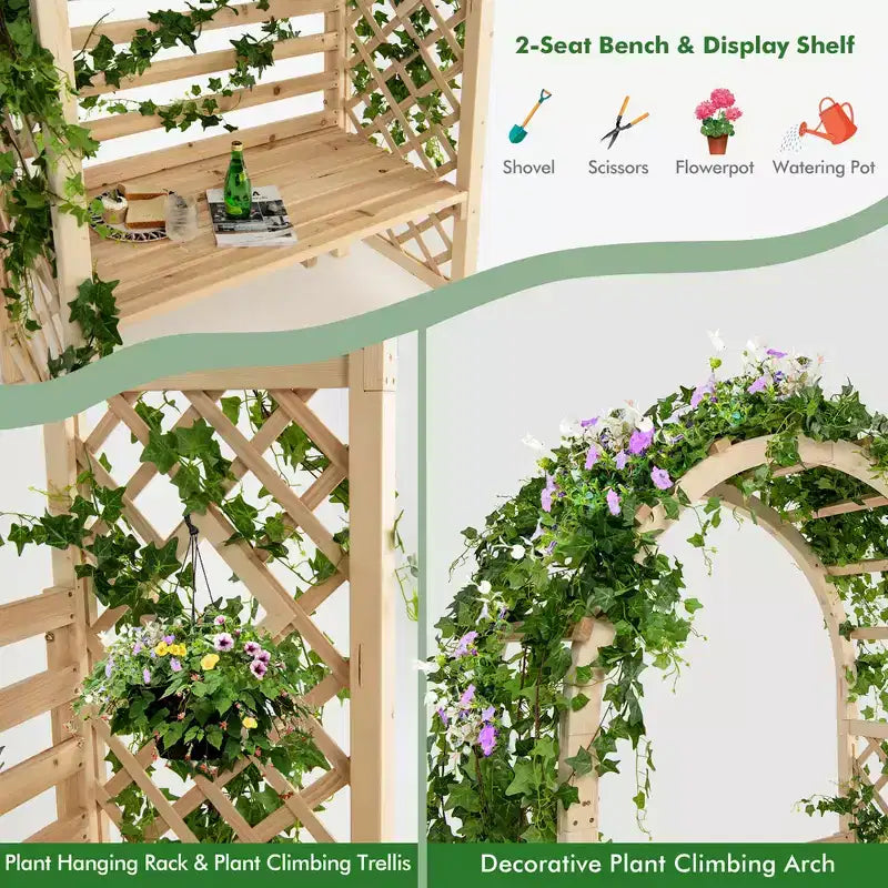 Costway Gartenbank aus Holz mit Rundbogen-Pergola, Gartenpavillon mit Rückenlehne, Terrassen-Rankgerüst