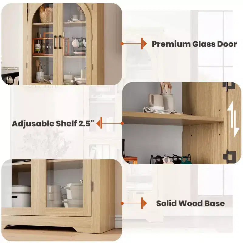178 cm hoher Küchenschrank, moderner Vitrinenschrank mit 4 gewölbten Glastüren und verstellbaren Einlegeböden, für Küche, Wohnzimmer, Esszimmer, Badezimmer
