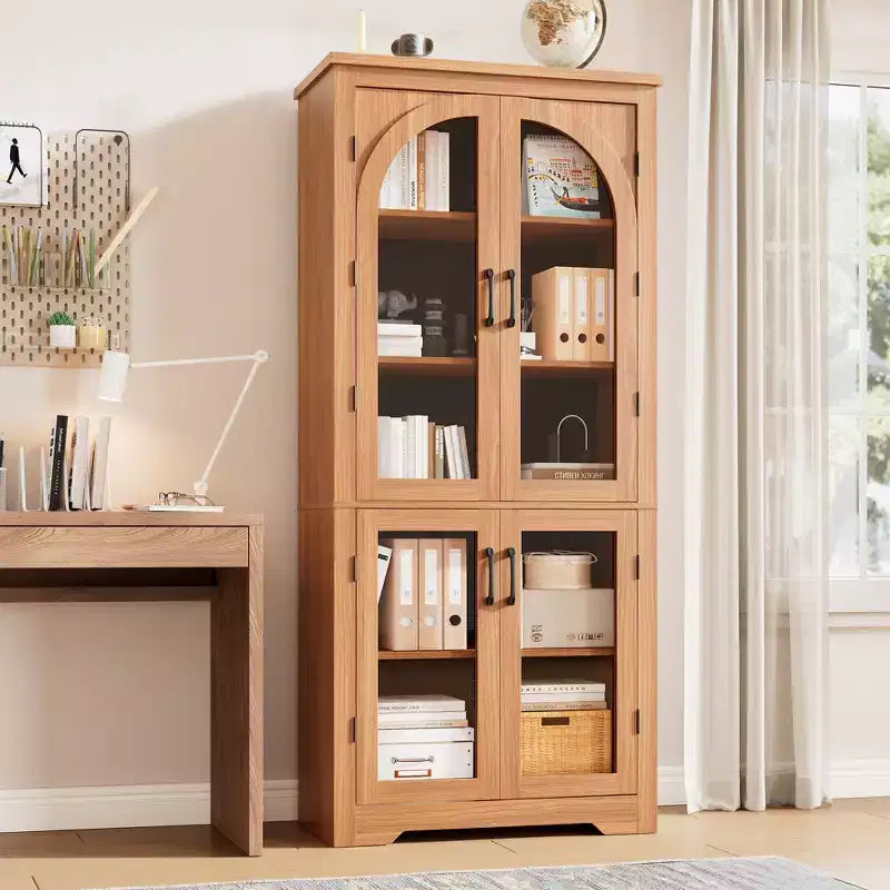 178 cm hoher Küchenschrank, moderner Vitrinenschrank mit 4 gewölbten Glastüren und verstellbaren Einlegeböden, für Küche, Wohnzimmer, Esszimmer, Badezimmer