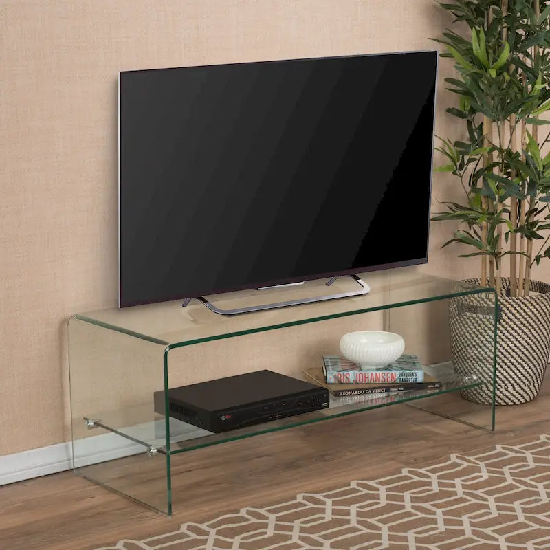 Transparenter TV-Ständer mit offener Rückseite und Glasablage, 39,37 Zoll breit, für Fernseher bis 39 Zoll