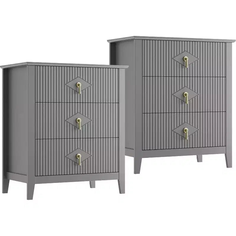 2 Stück geriffelte Holz-Nachttische, 27,5 breit, 3-Schubladen-Kommoden-Set, moderne Beistelltische, Schubladenschrank für Schlafzimmer und Wohnzimmer