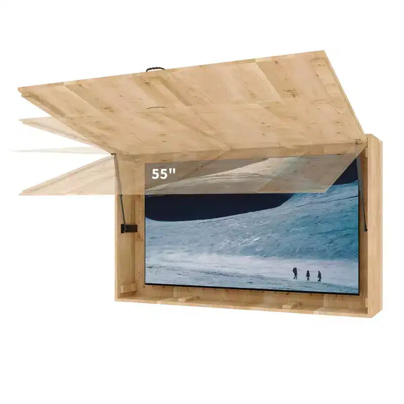 55-Zoll-Outdoor-TV-Gehäuse, wetterfeste TV-Abdeckung aus Massivholz mit 4D-verstellbarer Halterung & hochklappbarer Tür (passend für 44-55-Zoll-Fernseher)