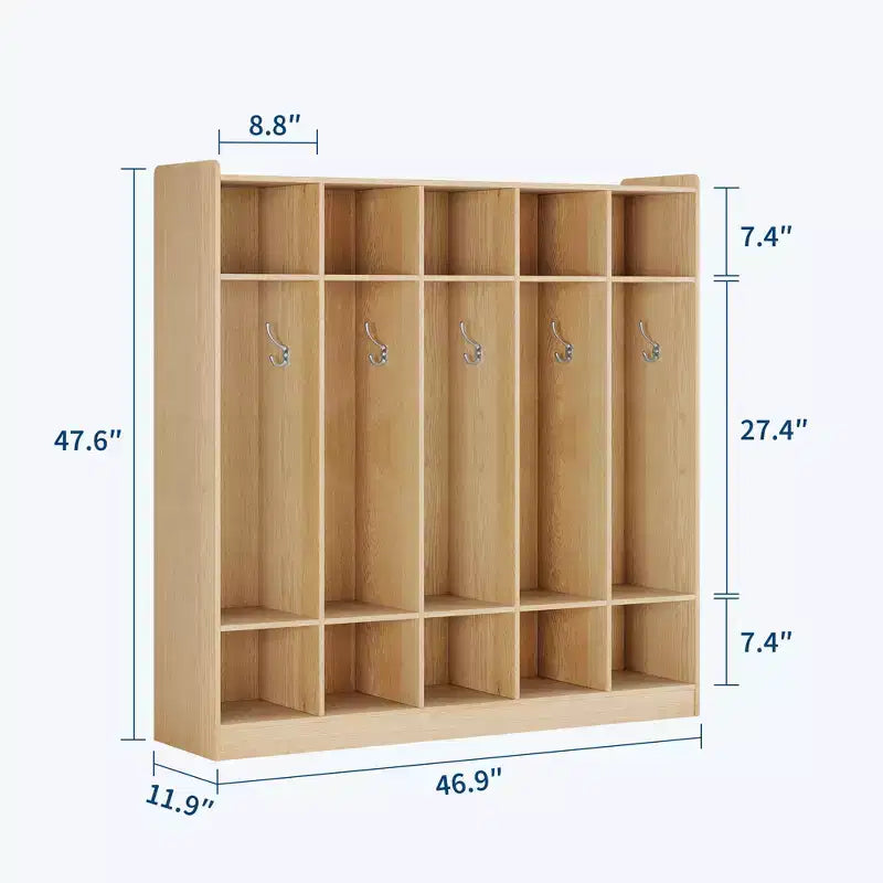 Garderoben-Organizer für Kinder mit 10 Fächern & Haken, 5-teiliges Aufbewahrungssystem für Klassenzimmer, Kinderzimmer, Flur oder Spielzimmer, Eiche Natur