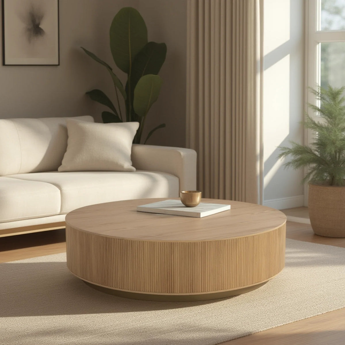 Couchtisch aus rustikaler Eiche mit Rillen | Gebürstetes Gold-Finish