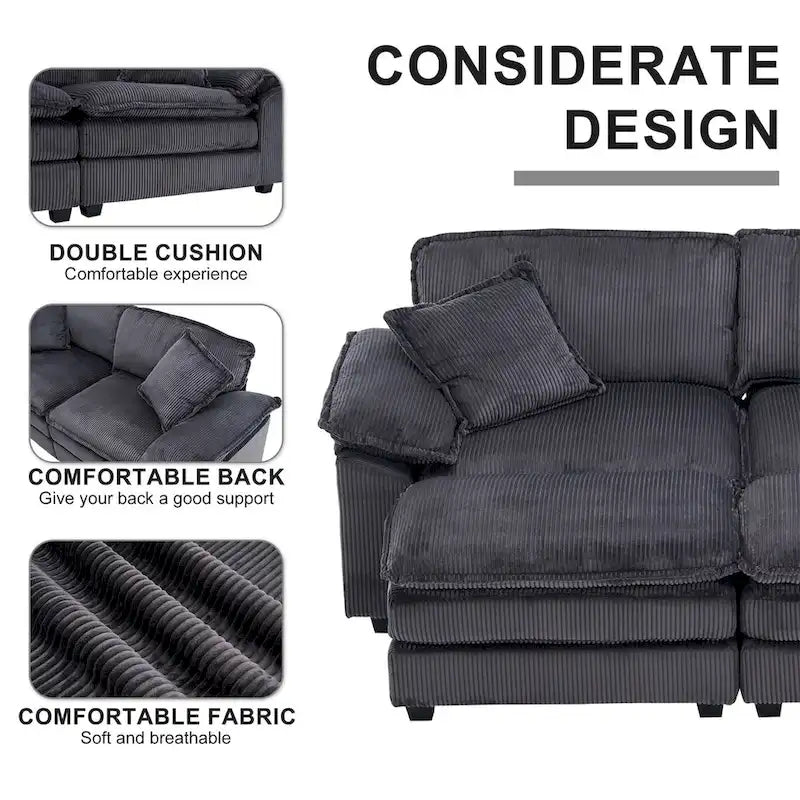 Modernes 2-Sitzer-Sofa aus Cord mit 4 Stützkissen und 2 Hockern