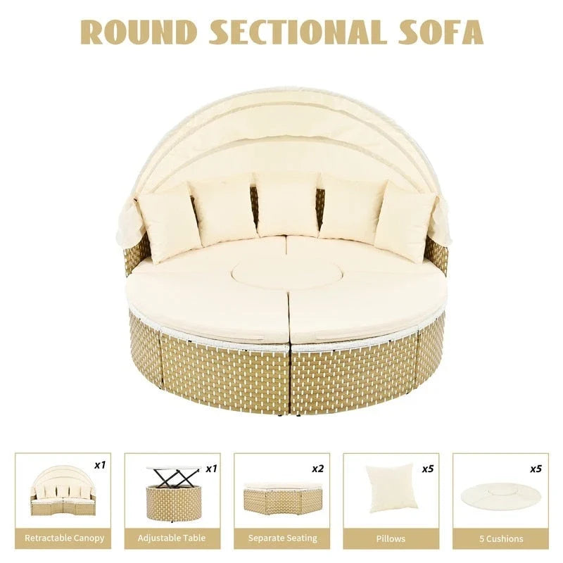 Rundes Outdoor-Tagesbett, zweifarbiges Flecht-Sonnenbett mit versenkbarem Dach