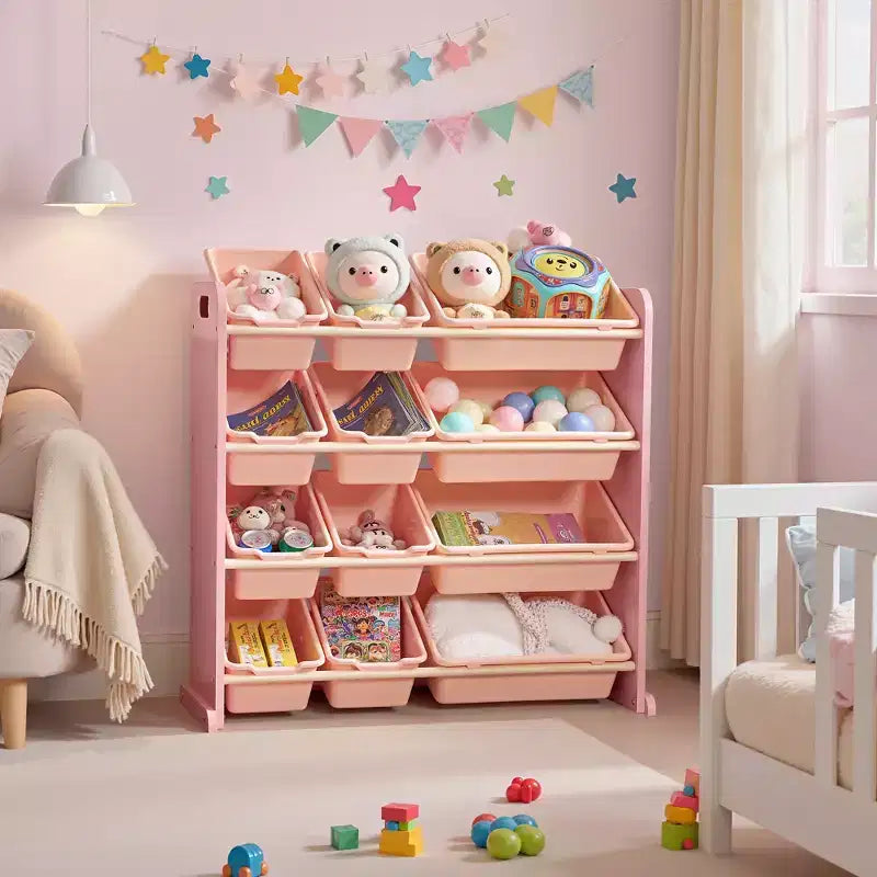 VECELO Kinder-Bücherregal mit Spielzeugaufbewahrung und 12 Körben, Spielzeugregal aus Holz für Kleinkinder, geräumige Spielzimmeraufbewahrung für Bücher oder Spielzeug