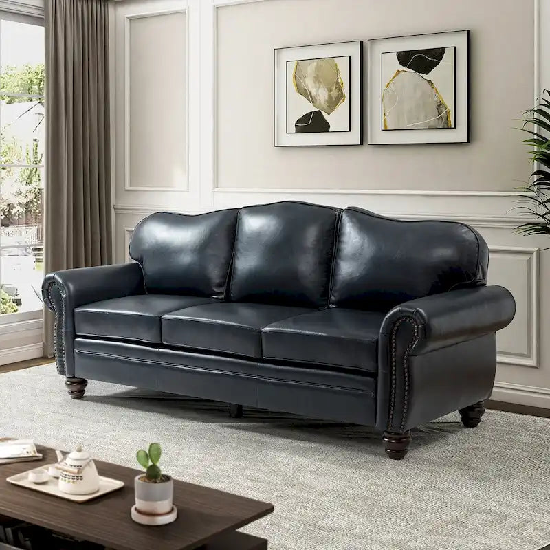Balvino 81 Zoll breites Übergangs-Sofa aus echtem Leder mit Rollarmlehnen, Nagelkopfbeschlägen und abnehmbaren Kissen