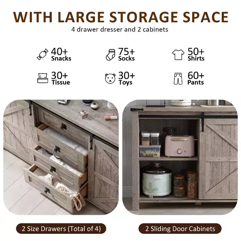 SinCiDo Farmhouse 60-cm-Schminktisch mit verschiebbarer Scheunentür und 4 Schubladen, Schubladenschrank für Wohnzimmer, Schlafzimmer und Kaffeebar