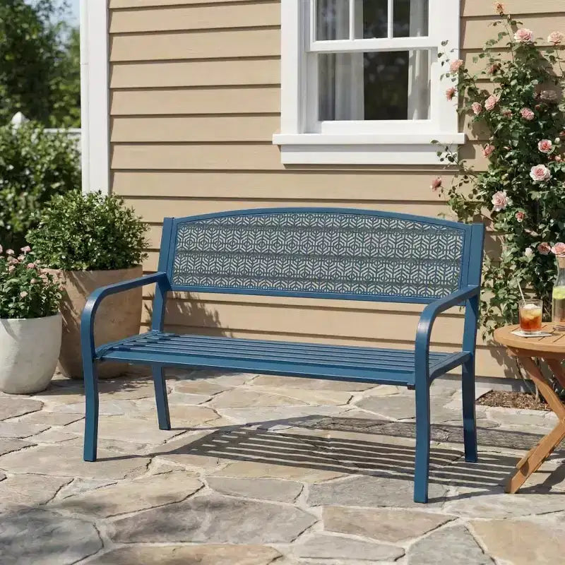 Gartenbank aus Metall für 2 Personen, Stahlbank mit geometrischer Rückenlehne für Terrasse, Garten und Veranda