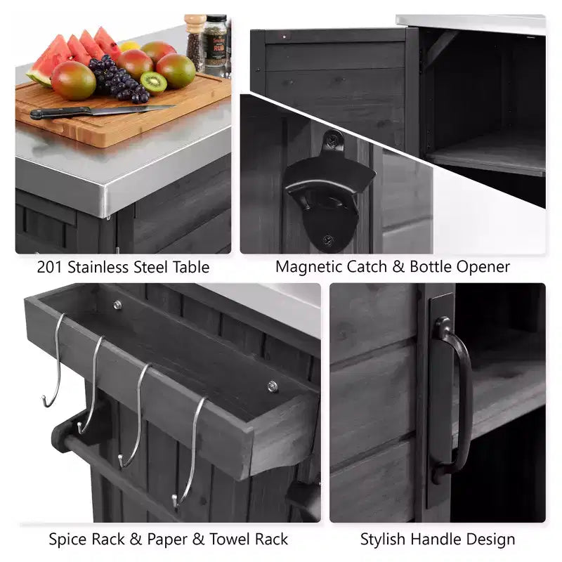 Outdoor-Kücheninsel mit klappbarem Seitentisch, Outdoor-Grillwagen mit Edelstahlplatte, versteckter Müllschrank für Rasen & Garten