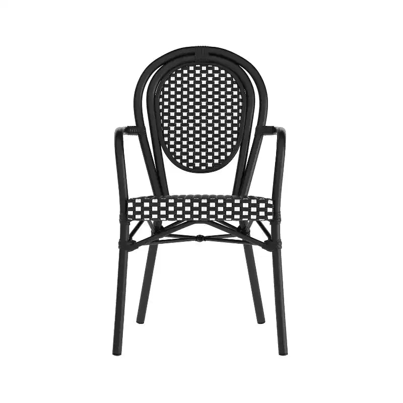Flash Furniture 4er-Set Lourdes Indoor/Outdoor Gastro-Bistro-Stapelstuhl mit Armlehnen im Thonet-Stil, PE-Rattan und Aluminiumgestell