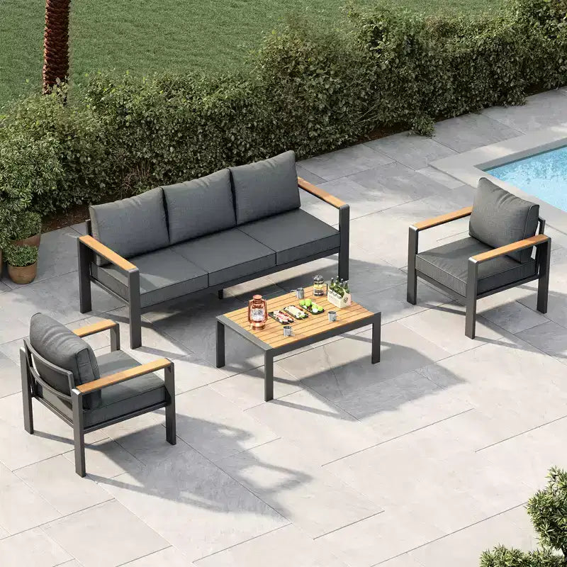 Aluminium-Terrassenmöbel-Set, Outdoor-Ecksofa mit 5 dicken Kissen, 4 Armlehnen & Couchtisch für Garten, Terrasse, Hinterhof