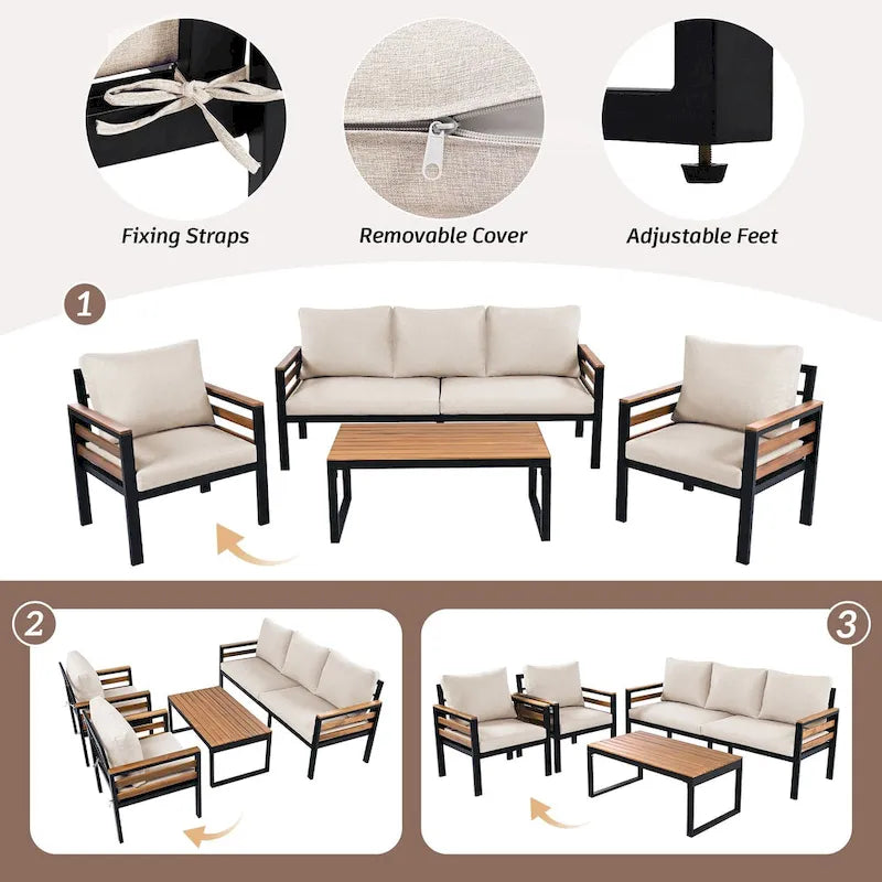 4-teiliges Outdoor-Sofa-Set für 5 Personen mit Couchtisch aus Massivholz und abnehmbaren Kissen